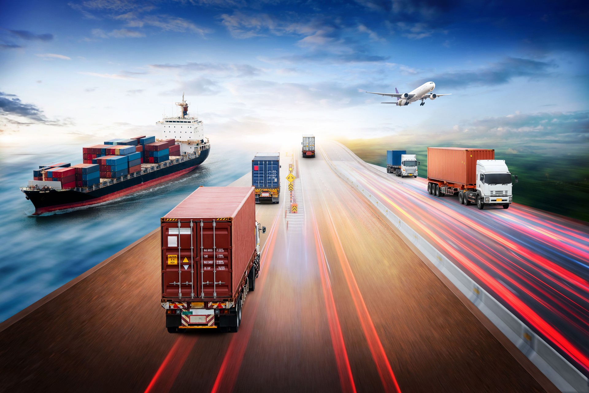 Global business logistics import export and container cargo freight ship, cargo plane, container truck on highway, transportation industry concept