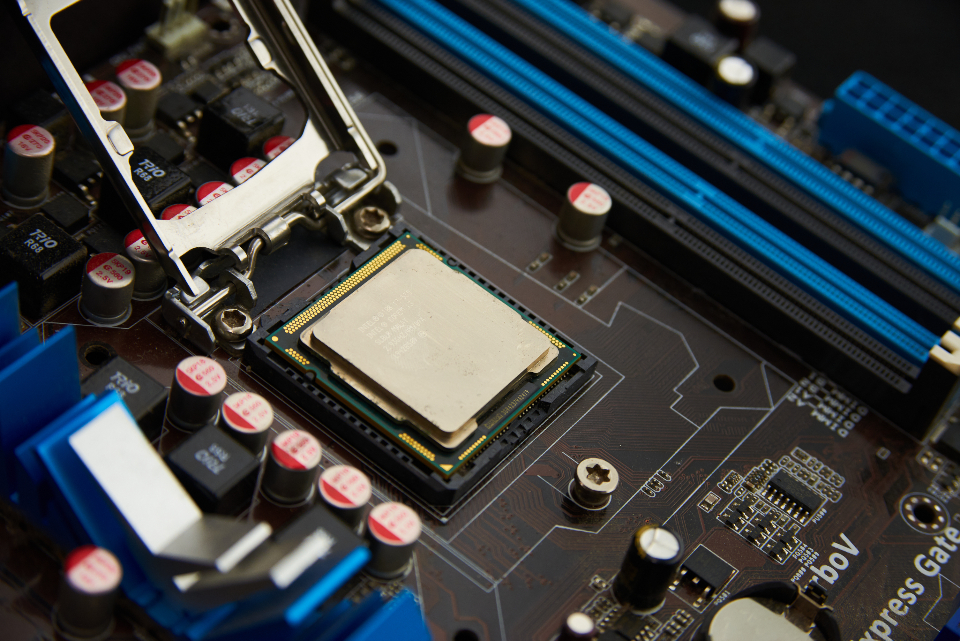 Close-up of a circuit board with electronic components and microchips