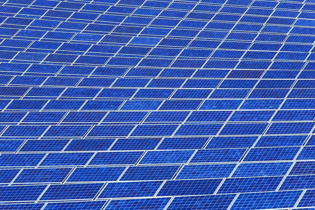 Rows of solar photovoltaic panels at a renewable energy installation